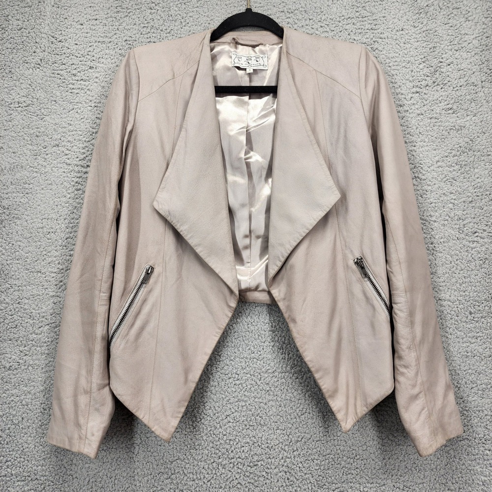 555 Los Angeles Womens Taupe Gray Genuine Leather Draped Open Front Jacket Small